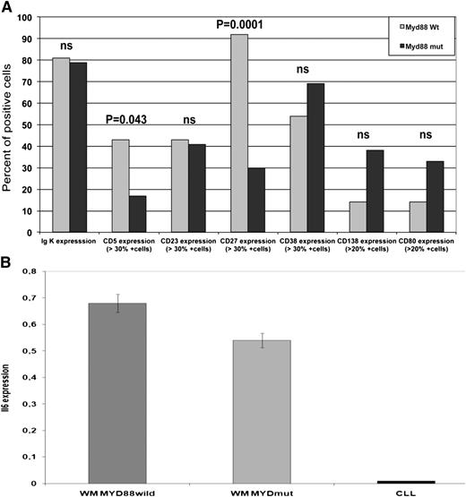 Figure 3. Characteristics of patients of the MYDmut vs MYDwild groups. (A) The histogram depicts the principal immunologic differences observed in the 2 groups of WM with MYDmut vs MYDwild. We observed significant differences based on the CD5 and CD27 expression. CD5, CD23, CD38, CD138, CD80, and CD27 expression were studied on CD19+ cells. (B) IL-6 expression using real-time quantitative PCR in WM compared with CLL. The histogram shows no significant difference in IL-6 expression in patients with MYDwild group (n = 4) as compared with MYDmut group (n = 10); however, patients with WM had significantly higher expression of IL-6 as compared with CLL (P < .0001).