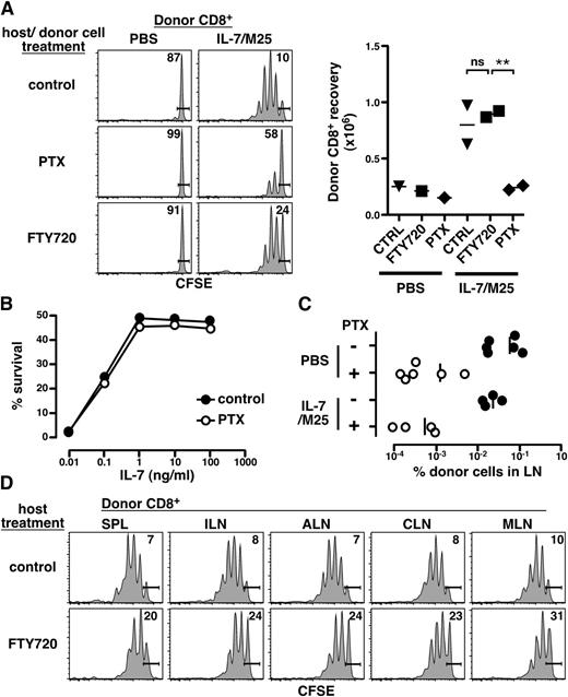 Figure 1. Treatment with PTX and, to a lesser extent, FTY720 impairs IL-7/M25 potency in vivo. (A) Freshly isolated lymphocytes from B6.CD90.1+ donor mice were incubated in media alone or in media supplemented with 100 ng/mL PTX for 2 hours at 37°C, washed, labeled with CFSE, and injected intravenously (3 × 106 donor cells per host) into B6.CD90.2+ host mice on day 0. FTY720-treated hosts received 3 mg/kg FTY720 intraperitoneally on days −1 and 3. Host mice received intraperitoneal injections of either phosphate-buffered saline (PBS) or rhIL-7/M25 (1.5 μg/7.5 μg per injection) on days 1, 3, and 5. On day 7, host LNs and spleen (SPL) were harvested, and each host tissue was analyzed separately by flow cytometry. CFSE histograms of CD90.1+ CD8+ splenocytes (left) and total CD90.1+ CD8+ recovered from host LNs and SPL (right) are representative of at least 2 experiments with 1 to 2 hosts per condition. **P < .005; CRTL, control; ns, not significant. (B) Freshly isolated lymphocytes were treated with PTX or media alone (control) as described in (A) and cultured for 3 days at 37°C in complete RPMI media supplemented with the indicated concentrations of rhIL-7. Samples were stained with CD8-Pacific Blue and propidium iodide (PI), and the percentage of surviving cells (CD8+ PI−) was determined by flow cytometry. Each data point depicts one sample from an experiment. Results are representative of 3 experiments. (C) Frequency of donor cells recovered on day 7 from the LNs of individual hosts with or without PTX treatment, as described in (A); vertical bars indicate mean frequency for the cohort. Combined data from 3 similar experiments are shown; each point represents the frequency of CD90.1+ CD8+ lymphocytes for a single host. (D) CFSE-labeled B6.CD90.1+ lymphocytes (6 × 106) were injected into B6.CD90.2+ hosts treated as in (A) with rhIL-7/M25 and, where indicated, FTY720. On day 7, host spleen (SPL), inguinal (ILN), axillary (ALN), cervical (CLN), and mesenteric (MLN) lymph nodes were harvested separately, and CFSE dilution by CD90.1+ CD8+ cells was determined by flow cytometry. Results are representative of 2 experiments with 2 separately analyzed hosts per group.