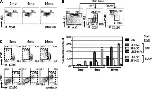 Figure 1. CD41 expression increases with age to mark the majority of LT-HSCs. (A) Representative FACS plots of CD41 expression within LSK cells in 2-month-old, adult 6-month-old, and 16-month-old mice. (B) Top panel shows gating strategies for analysis of the LSK compartment according to the 34F (CD34/flt3) or SLAM (CD150/CD48) stain codes. Bottom panel shows a bar diagram depicting the proportion of cells expressing CD41 within each population shown gated in the top panel. The LSKCD34+Flt3+ (LSK34+F+) gate contains LMPPs (n = 3). Error bars, SEM. (C) Representative FACS plots showing the expression of CD41 plotted against either CD34 (top) or CD150 (bottom) in mice of different ages. Quadrant statistics are frequency of parent, whereas statistics in bold text (%) correspond to the proportion of CD41+ cells within the LT-HSC subset defined as CD34− (top) or CD150+ (bottom). Note that in addition to the increase in the proportion of phenotypical LT-HSCs with age, the proportion of LT-HSCs expressing CD41+ increases as well. HSC, hematopoietic stem cell; LT, long-term; ST, short-term.