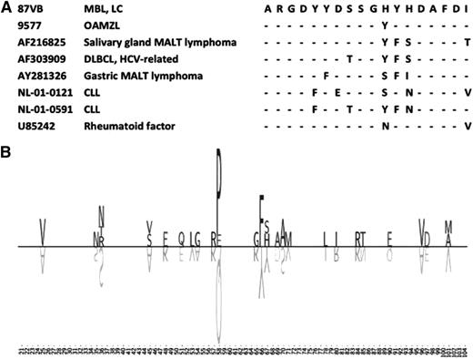 Figure 5. A public BcR stereotype, as represented by the LC-MBL case 87VB. (A) VH CDR3 similarity between the LC-MBL cases 87VB and unrelated sequences. Dashes indicate identities. (B) Somatic hypermutation in the VH region of the LC-MBL case 87VB and co-clustered sequences, as visualized by using TeXshade peptide alignment tool (http://workbench.sdsc.edu/). The VH region is shown from IMGT positions 21 to 104. The letters above the line represent the amino acid changes, whereas the letters shown upside-down below the line represent the corresponding germ line amino acids of the IGHV gene. The size of the amino acid symbol represents the relative frequency of that amino acid at that position relative to all other mutations at that position in the certain IGHV group of sequences. Blank spaces represent amino acids that are unchanged in comparison with the germ line sequence.