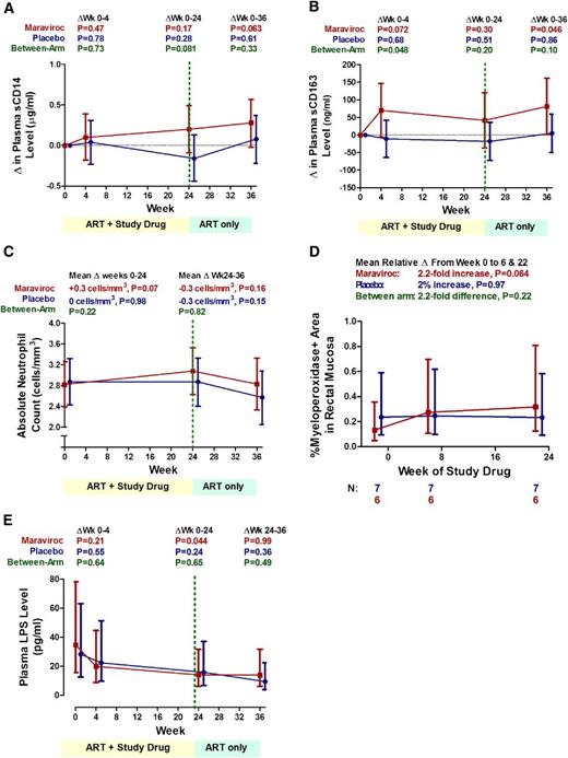 Figure 7. Changes in monocyte activation, neutrophil levels, and plasma LPS levels during maraviroc intensification. Changes in plasma sCD14 (A), sCD163 levels (B), peripheral blood absolute neutrophil counts (C), rectal tissue myeloperoxidase density (a surrogate marker for neutrophil density) (D), and plasma LPS levels (E) are plotted over time for both maraviroc-treated (red) and placebo-treated subjects (blue). Mean changes from baseline (A-B) or estimated mean values (C-E) with 95% CI from linear mixed models are plotted. P values are provided for the changes within each indicated interval both within arms and between arms. Given more frequent observations, changes in peripheral blood neutrophil counts were modeled as a linear spline with a change point at week 24.