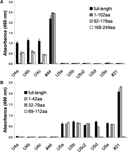 Figure 3. Binding of Fabs belonging to the same stereotype to different epitopes of the same antigen. (A) Binding of subset 4-derived nFab to recombinant fragments of the subset-4 specific antigen calcyclin-binding protein. (B) Binding of subset 5-derived nFab to subset-5 specific antigen Fam32A. Antigens were coated on an ELISA and incubated with patients’ nFab. Samples U4a-c and 44 represent nFab from 4 patients with a CLL-BCR belonging to subset 4. Samples U5a-e and 21 represent nFab from 6 patients with a CLL-BCR belonging to subset 5. The numbers indicate the amino acid (aa) positions of recombinant antigen fragments.