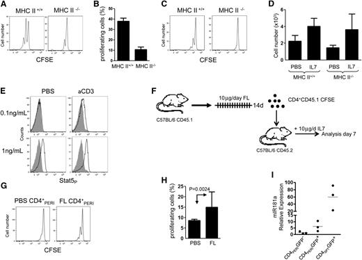 Figure 6. Thymic CD4+ single-positive thymocytes require MHCII contact to proliferate during IL-7 therapy. Enriched CD45.1+CD4+SPT cells from thymuses were labeled with CFSE prior to their transfer into CD45.2+C57BL/6-MHC+/+ or CD45.2+C57BL/6-MHC−/− hosts. (A) Representative flow cytometric analysis of transferred CD4+SPT into MHC+/+ or MHC−/− hosts after 6 days of IL-7 therapy. (B) Histogram analysis showing the absolute number of CD45.1+CD4+SPT cells. (C) Experiment in (A) was repeated and cells were parked for 3 days in their appropriate recipient prior to initiating IL-7 therapy. (D) Histogram analysis showing the absolute number of CD45.1+CD4+SPT recovered in MHCII+/+ and MHCII−/− hosts after parking and 6 days of IL-7 therapy. (E) Flow cytometric analysis showing STAT5-phosphorylation in CD4+PERI exposed to varying concentrations of IL-7 +/− anti-CD3 stimulation. Data are representative of 2 mice per group. (F) Schematic representation of the experimental design where mice were conditioned with FLT3 ligand for 14 days and peripheral FL-CD4+PERI or PBS-CD4+PERI isolated and transferred into wild-type mice treated with IL-7 for 6 days. (G) Flow cytometric analysis showing CFSE profile of FL-CD4+PERI or PBS-CD4+PERI after 6 days of IL-7 treatment. (H) Graphic representation of the percentage of FL-CD4+PERI or PBS-CD4+PERI proliferating cells. Data show 6 mice pooled from 3 independent experiments. (I) Graphic summary of the relative expression of miR181a transcript in peripheral CD4+GFP−, CD4+RTE GFP+, and CD4+SPT GFP+. Data show 3 mice per group pooled from 3 independent experiments.