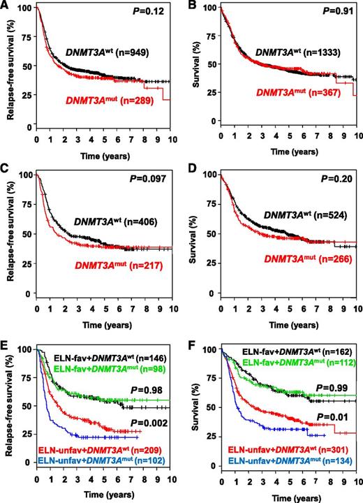 Figure 3. Kaplan-Meier survival estimates according to DNMT3A mutational status. Data are shown for (A) RFS and (B) OS in the entire cohort; (C) RFS, and (D) OS in cytogenetically-normal (CN)-AML; (E) RFS, and (F) OS in the European LeukemiaNet (ELN) favorable and unfavorable CN-AML subgroups. fav, favorable; mut, mutated; unfav, unfavorable; wt, wild-type.