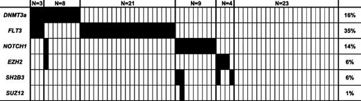 Figure 1. The spectrum of mutations in DNMT3A, FLT3, NOTCH1, EZH2, SH2B3, and SUZ12 in 68 adult patients with ETP-ALL.