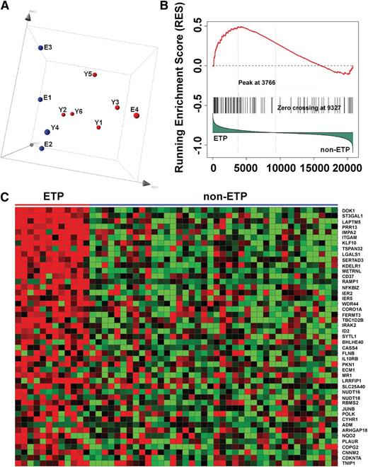 Figure 6. PI3K-activated T-ALL cell lines and human ETP ALLs have similar gene expression profiles. (A) Principal component analysis of the gene expression profiling data of all 10 mouse T-ALL cell lines using 200 representative genes selected by k-means algorithm, showing cases clustered according to PI3K activation status (red, activated; blue, not activated). (B) Gene set enrichment analysis demonstrates significant enrichment of the top 100 mouse PI3K up-regulated genes in ETP ALL (P = .057; false discovery rate, 0.224). (C) Heat map of the leading-edge mouse PI3K up-regulated genes in gene set enrichment analysis, showing overexpression of these genes in ETP ALL.