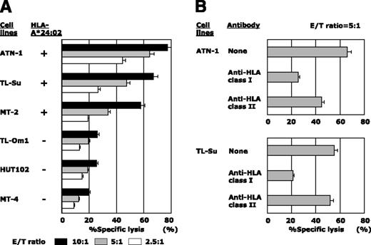 Figure 4. Cytotoxic activity of hTERT-siTCR–transduced CD8+ T cells against ATL/HTLV-I–infected cell lines. (A) Cytotoxic activity of hTERT-siTCR–transduced CD8+ T cells against HLA-A*24:02+ or HLA-A*24:02− ATL/HTLV-I–infected cell lines was tested in 51Cr-release assays at the indicated E/T ratios. All tested ATL/HTLV-I–infected cell lines overexpressed hTERT mRNA and protein, as shown in Figure 1. (B) Effect of HLA class I and class II blockade on the cytotoxic activity of hTERT-siTCR–transduced CD8+ T cells against ATN-1 and TL-Su was tested in 51Cr-release assays at an E/T ratio of 5:1.