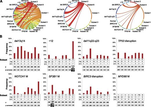 Figure 1. Distribution of CLL driver genetic lesions across major stereotyped BCR subsets. (A) Circos plot representing the relative frequency and pairwise co-occurrence of CLL driver genetic lesions and usage of stereotyped BCR belonging to majors subsets (1, 2, 3, 4, 5, 6, 7B, and 8) in newly diagnosed CLL. The length of the arc corresponds to the frequency of the genetic lesions. The width of the ribbon corresponds to the percentage of patients in which the 2 connected variables co-occur. (B) Prevalence of CLL driver genetic lesions within the major BCR subsets (1, 2, 3, 4, 5, 6, 7B, and 8) in newly diagnosed CLL. p, P value from the nonparametric binomial test; p corrected, P value from the nonparametric binomial test corrected for multiple hypothesis testing.