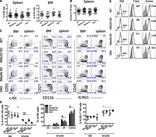 Figure 1. NKG2D and NKp46 are not necessary for NK-cell development. (A-B) Percentages of NK cells in the spleen and BM of WT and mutant mice are depicted for individual mice analyzed in 3 to 6 independent experiments; mean ±SD is shown for each genotype. Absolute numbers of NK cells in the spleen are shown in (B). (C-D) Representative fluorescence-activated cell sorting (FACS) profiles from a mouse of each genotype showing expression of the indicated markers (C), and percentages of cells expressing various marker combinations (n = 5 mice/genotype) (D). Data are representative of at least 4 independent experiments. (E) BM NK cells were stained for the cell-surface expression of DX5 and intracellular expression of the transcription factors T-bet and Eomes; median fluorescence intensities are indicated. Data are representative of 3 independent experiments.