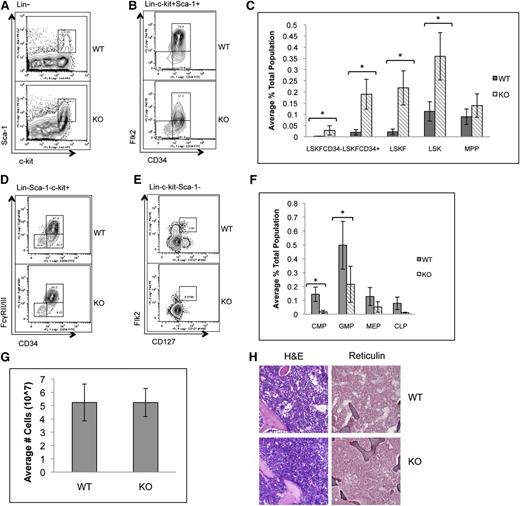Figure 2. p65 deletion results in deregulation of hematopoietic stem and progenitor cell homeostasis. Bone marrow cells from wild-type or p65hem−/− mice were analyzed for the frequency of (A) LSK cells and (B) HSPCs by flow cytometry (n ≥ 7). (C) The average percentage of cells is displayed. Bone marrow cells from wild-type or p65hem−/− mice were analyzed for (D) myeloid (n ≥ 7) or (E) lymphoid (n = 4) progenitor cell frequency using flow cytometry. (F) The average percentage of cells is displayed. (G) The average total number of cells recovered from the femurs and tibias of mice from each genotype is displayed (n ≥ 10). (H) Femur sections were stained with hematoxylin and eosin or reticulin to monitor changes in morphology or fibrosis. Images are representative of staining from 3 different animals per genotype. *P ≤ .005.