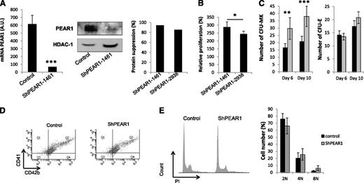 Figure 2. PEAR1 knockdown via lentiviral vector transduction. (A) PEAR1 expression at day 10 after transduction of human CD34+ with control (LV_miR_DsRed) or LV_miR_PEAR1_1461 vector analyzed via qRT-PCR (left) and western blotting with PEAR1-EC Ab using HDAC-1 as loading control (middle). Relative suppression of the GAPDH-normalized PEAR1 protein expression at day 11 following transduction of both LV_miR_PEAR1 vectors vs control (right). (B) Relative cell proliferation at day 10 after treatment with both LV_miR_PEAR1 vectors vs control. (C) Numbers of CFU-MK and CFU-E colonies at days 6 and 10 after transduction of human CD34+ with control (black) or LV_miR_PEAR1_1461 (gray) vectors. (D) Coexpression of CD41 and CD42b during CD34+ cell differentiation analyzed by flow cytometry at day 12 after transduction of human CD34+ with control or LV_miR_PEAR1_1461 vectors, as indicated. (E) Polyploidy profiles (left) on day 10, representative of 3 experiments, after anti-CD41 labeling and DNA staining with propidium iodide (PI), after transduction of human CD34+ with control or LV_miR_PEAR1_1461 (n = 3); Ploidy histogram for control and LV_miR_PEAR1_1461 treated CD34+ cells on day 12 (n = 3). 1 A.U., 1 copy for 105 copies of housekeeping gene.