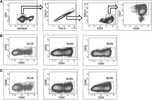 Figure 3. In vitro generation of CD20+CD27+CD43+CD70−CD69− cells from CD43− B cells. (A) On day 0, CD19+-enriched B cells were sorted into CD3−CD19+CD20+CD27+CD43−IgD+IgM+ (natural effector), CD3−CD19+CD20+CD27+CD43−IgD−IgM+ (IgM only memory), and CD3−CD19+CD20+CD27+CD43−IgD−IgM− (switched memory) B cells. Subsequently, sorted cells were put in culture in the presence of R-848 and IL-2. Cells were analyzed by flow cytometry on day 5. Live CD3−CD19+CD20+CD27+ cells of the 3 cultured populations were gated as shown. (B) Plots showing expression of CD43 and CD70 of live CD3−CD19+CD20+CD27+ cells starting from natural effector (left), IgM only memory (middle), and switched memory B cells (right). (C) Plots showing expression of CD43 and CD69 of live CD3-CD19+CD20+CD27+ cells starting from natural effector (left), IgM only memory (middle), and switched memory B cells (right). Plots from a representative experiment of 3 are shown.