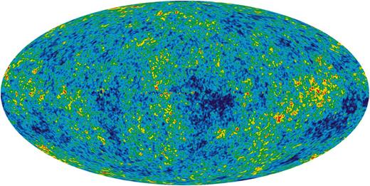 Figure 1. The cosmic microwave radiation map of the 13.77 billion-year-old universe. Color differences indicate temperature fluctuations within a range of ±200 microKelvin. The map enabled the proportion of matter, dark matter, and dark energy to be estimated as 5.6%, 24%, and 71.4%, respectively. The map enabled composition as well as interactions among the components of the universe to be inferred. The dark energy explains many cosmologic observations, including the flat topology. Image from the NASA/WMAP Science Team.