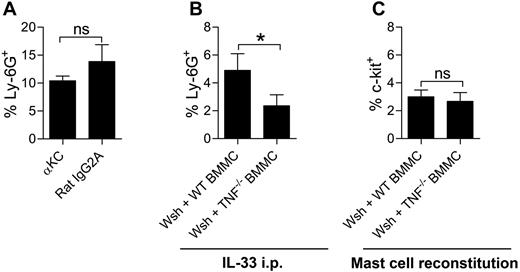 Figure 6. Neutrophil infiltration in response to IL-33 is partially dependent on mast cell–derived TNF. (A) Percentage of Ly-6G+ neutrophils in wild-type C57BL/6 mice injected with IL-33 intraperitoneally in the presence of 10 μg anti-KC antibody or rat IgG2A isotype control (n = 5-6). (B) Percentage of Ly-6G+ neutrophils in Wsh/Wsh mice reconstituted with wild-type BMMCs and Wsh/Wsh mice reconstituted with TNF−/− BMMCs and injected intraperitoneally with IL-33 (n = 7-12). (C) Percentage of mast cells in the peritoneum of Wsh/Wsh mice reconstituted with wild-type or TNF−/− BMMCs (n = 7-12). Values are presented as mean ± SEM, *P < .05, ns = not significant.