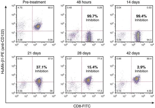 Figure 4. FACS analyses of Hu-Mikβ1 saturation was performed on ex vivo CD8+ T cells after administration of 1.5 mg/kg of Hu-Mikβ1.