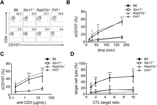 Figure 6. Intensity of CTL degranulation capacity and cytotoxicity in Stx11−/−, Rab27a−/−, and Prf1−/− mice. Spleen CD8 T cells from Stx11−/−, Rab27a−/−, Prf1−/−, and control B6 mice were activated in vitro. (A) A representative FACS analysis for degranulation of CD8 T cells from control B6 (left panel), Stx11−/− (left middle panel), Rab27a−/− (right middle panel), and Prf1−/− mice (right panel) on stimulation with medium (bottom row) or anti-CD3 antibody (top row). (B-C) Graphs show the mean ± SEM (n = 5) CD107 variation on control B6 (black squares), Stx11−/− (open squares), Rab27a−/− (gray triangles), and Prf1−/− (gray circles) CD8 T cells after anti-CD3 stimulation over time (B) or with different concentrations of anti-CD3 antibody (C). *P < .05. **P < .01. ***P < .001. (D) Cytotoxicity was determined in activated CD8 T cells after incubation with target anti-CD3–loaded P815 cells for 3 hours. Data (mean ± SEM) are representative of 3 independent experiments performed in triplicate. *P < .05. **P < .01. ***P < .001.