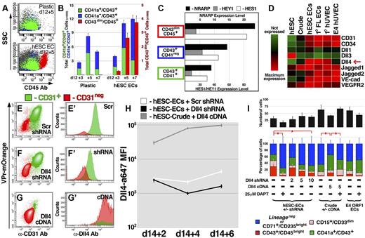 Figure 4. Expression of Dll4 ligand on vascular feeder cells specifically promotes myeloid differentiation of HPCs. (A-B) The CD43+ population was isolated from hESC differentiation cultures at day 12 and cultured for an additional 7 days in either the absence (plastic) or presence (hESC EC) of VPr+ EC feeders; scatter plots of the derivative populations (A) are shown at day 3 and 5 after isolation, and the distributions of CD41a+CD43+, CD41a−CD43+, and CD43dimCD45bright populations are quantified in panel B. (C) RNA sequencing was performed on the CD41a+CD43+, CD41a−CD43+, and CD43dimCD45bright populations; expression levels of NRARP, HES1, and HEY1 are shown. (D) RNA sequencing was performed on undifferentiated hESCs, crude non-EC derivatives of hESC differentiation, VPr+CD31+ ECs, primary fetal liver ECs from aborted human fetus, neonatal umbilical cord ECs (HUVEC), and E4ORF1 ECs; a heat map describing the expression of vascular specific markers and Notch ligands is shown. (E-G) VPr+ ECs were isolated from hESC differentiation at day 14 and incubated with lentivirus encoding control (scrambled) or Dll4 shRNA. Crude non-EC derivatives were also isolated and incubated with lentivirus encoding Dll4 cDNA. Flow cytometric analysis defined the expression of the VPr-mOrange transgene, CD31, and Dll4 in cultured derivatives after 6 days. (H) The mean fluorescence intensity (MFI) value of Dll4 surface expression was plotted for cells described in panels E-G at 2, 4, and 6 days after addition of lentivirus. (I) At 48 hours after addition of lentivirus, cells described in panels E-H were washed with culture medium, and GFP+CD43+ cells isolated from day 16 of differentiation were added at 10 cells per well of a 48-well dish. After 4 days, the total number of GFP-derivatives (black bar), as well as the percentage of CD43dimCD45bright, CD15+CD33dim, CD41a+CD43+, and CD71+CD235abright/Lineage− cells was measured. (I) The numbers indicate the concentration of lentivirus particles added to cells in ng/mL. (B,H) Error bars represent SD among 3 replicates. (I) Error bars represent SD among 8 replicates. *P < .05.