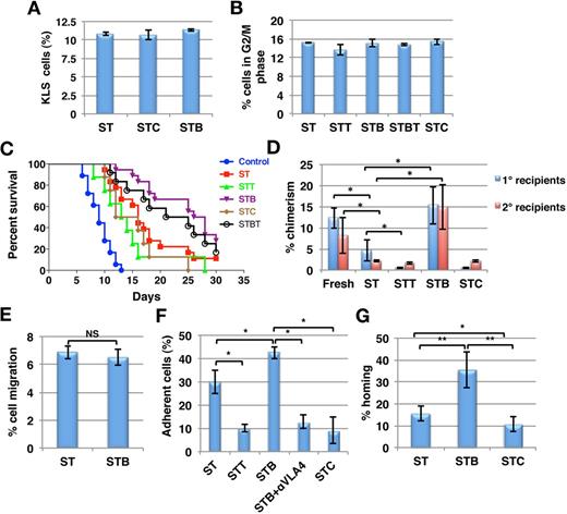 Figure 1. Improved radioprotection and chimerism because of culture of KLS cells with BMP4. Murine KLS cells were cultured for 5 days in serum-free medium with SCF+TPO with or without BMP4 and/or TSG or CHD (ST = SCF/TPO; STT = SCF/TPO/TSG; STB = SCF/TPO/BMP4; STBT = SCF/TPO/BMP4 /TSG; STC = SCF/TPO/CHD). (A) Flow cytometry was performed to quantify cells maintaining KLS phenotype after 5 days of culture under different conditions (n = 3). (B) Cell-cycle status was analyzed by propidium iodide staining. The percentage cells in G2/M phase of cell cycle were plotted for the different conditions (n = 3). (C) Survival of mice grafted with the progeny of 200 KLS cells from the different cultures after lethal irradiation. Control denotes mice that did not receive KLS cell progeny. Results were analyzed by log-rank test method for trend and expressed as Kaplan-Meier survival curves (n = 10-18, *P < .01). (D) Donor derived chimerism was determined by FACS in primary recipients, 3 months after the transplantation of either 200 uncultured KLS cells, or of progeny from 200 KLS cells from different culture conditions along with 1 × 106 CD45.2 BM cells. One million total BM cells from primary recipients were transplanted in secondary hosts. Chimerism in secondary recipients was determined after 3 months (n = 8-12; *P < .05). (E) In vitro transwell migration assays was performed to compare the migration potential of the KLS cell progeny (n = 4). (F) PKH-26 labeled KLS cell progeny were allowed to adhere to OP9 cells for 3h. Nonadherent cells were washed and the percentage adherent cells was enumerated and compared for different conditions. In some conditions, a blocking anti-ITGA4 antibody was added in addition to BMP4 (n = 3-4; *P < .05). (G) KLS cell progeny (0.1 × 106) from the different cultures were transplanted intravenously in lethally irradiated mice, and BM harvested after 16 hours. Total BM cells (0.1 × 106) were assayed in methylcellulose colony forming assays and CFU-Cs were enumerated. Percentage homing was determined by comparing total CFU-Cs homed with CFU-Cs injected (n = 6, *P < .05, **P < .01).