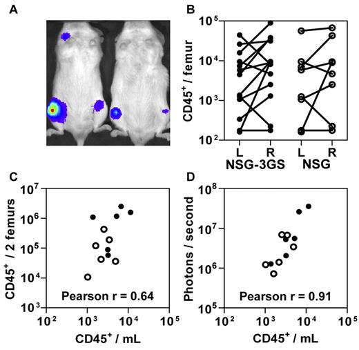Figure 2. Circulating human cell and in vivo bioluminescence counts enable accurate assessment of total human cell engraftment. NSG-3GS (closed circles) and NSG (open circles) mice were transplanted with 0.4 to 3 × 104 luciferase-transduced CD34+ CB cells and 3 weeks later were assessed by bioluminescent imaging. (A) Representative image of transplanted mice (examples shown are NSG-3GS mice). (B) Total human cell counts in the left (L) and right (R) femurs in individually assessed NSG-3GS and NSG mice. Lines connect paired cell counts from individual mice which were significantly different (P < .05) for both strains. (C) Association between the absolute number of circulating human cells with the total number of human cells in both femurs (Pearson r = 0.64, P = .02). (D) Association between the absolute number of circulating human cells with photons emitted per second per mouse (Pearson r = 0.91, P < .001).