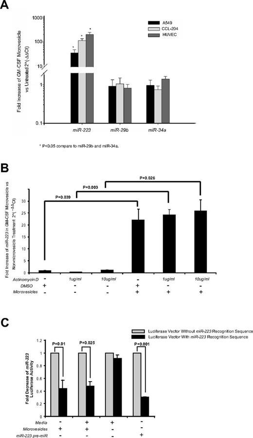 Figure 6. Cellular uptake of functional miR-223 contained in microvesicles from GM-CSF–stimulated monocytes does not require recipient cell transcriptional activity for expression. (A) A549, CCL-204, or HUVEC cells were incubated with microvesicles from GM-CSF–stimulated monocytes for 2 days. RNA was then isolated and expression for miRs-223, -29b, and -34a was measured by qRT-PCR. Shown is the average fold increase ± SEM (n = 4) in miR-223 levels compared with untreated cells. A significant increase after treatment with GM-CSF–stimulated microvesicles is observed for miR-223 (*P < .05), while miRs-29b and -34a levels remained unchanged. (B) A549 cells (5 × 106 cells/condition) were treated with vehicle (DMSO) or actinomycin D at the indicated concentrations for 6 hours. The cells were washed and culture media was replaced in the absence or presence of microvesicles. After 24 hours, RNA was isolated and miR-223 expression measured by qRT-PCR. Fold increase was determined by comparing the samples to the cells treated only with DMSO. Shown is the average ± SEM for cells treated with microvesicles from 4 independent donors. (C) A549 cells were transfected with the luciferase reporter vector containing miR-223 recognition sequence, a control luciferase vector lacking the sequence or cotransfected with miR-223 precursor. After 18-20 hours incubation, the cells were treated with or without microvesicles from GM-CSF–stimulated monocytes. The cells were cultured for another 24 hours then lysed and the luciferase activity was measured. The data are expressed as fold-decrease of luciferase activity of cells transfected with the luciferase reporter containing miR-223 recognition sequence over the vector lacking the recognition sequence for each culture condition. Shown is the average data ± SEM from A549 cells treated with microvesicles generated from 4 independent monocyte-derived microvesicle donors.