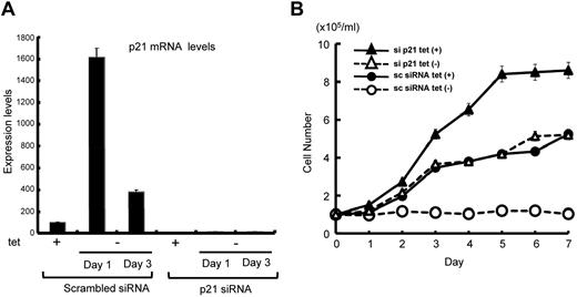 Figure 6. PU.1-induced cell growth arrest in L428tetPU.1 cells is dependent on p21 up-regulation. (A) Stable knockdown of p21 strongly suppressed p21 expression, even after PU.1 induction in L428tetPU.1 cells. (B) The growth arrest of L428tetPU.1 cells induced by PU.1 overexpression was reversed by targeted knockdown of p21. PU.1-induced growth arrest in L428tetPU.1 cells stably transduced with scrambled siRNA (○), whereas PU.1 failed to induce growth arrest in L428tetPU.1 cells stably transduced with p21 siRNA (▵).