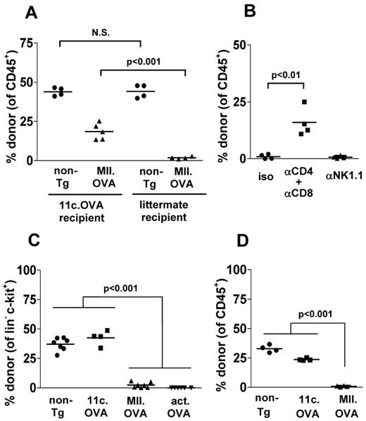 Figure 3. OVA-specific T-cell responses underlie failure of MII.OVA engraftment. (A) CD45.1+ 11c.OVA or non-transgenic littermate controls were irradiated (300 cGy) and BM (107) from non-Tg (C57Bl/6) or MII.OVA mice injected intravenously. Six weeks later donor leukocytes were enumerated in peripheral blood. (B) B6.SJL (CD45.1+) mice were administered anti-CD4 and anti-CD8, anti-NK1.1 or isotype mAbs, irradiated (300 cGy) and BM (107) from MII.OVA mice injected intravenously. An additional dose of anti-CD4 and anti-CD8 mAb was administered 3 weeks after BM transfer. Six weeks after BMT donor leukocytes were enumerated in peripheral blood. (C) B6.SJL (CD45.1+) mice were irradiated (300 cGy) and BM (107) from non-Tg (C57Bl/6), 11c.OVA, MII.OVA, and actin.OVA mice injected intravenously. Six weeks later donor HPC (lin−c-kit+) were enumerated in BM. (D) B6.SJL (CD45.1+) mice were irradiated (300 cGy) and sorted lin−c-kit+ HPCs (2 × 105) from non-Tg (C57Bl/6), 11c.OVA or MII.OVA mice injected intravenously. Six weeks later donor leukocytes were enumerated in peripheral blood. Data represent individual mice pooled from a minimum of 2 experiments.