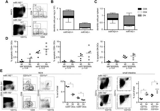 Figure 4. Loss of miR-142 affects the composition of lymphoid tissue–resident DCs in vivo. (A) Flow cytometric analysis of splenic DC composition in miR-142–deficient mice and control animals. (B) Quantification of FLT3L-dependent cDCs in miR-142−/− mice and littermate controls per milligram of spleen tissue. (C) Data from panel B were calculated for total splenic weight to account for splenomegaly. Total cell numbers were: DN DCs: 3.1 × 105 ± 5.4 × 104 in WT versus 6.3 × 105 ± 2 × 105 in miR142−/−, P = .003; CD8α+ DCs: 1.2 × 105 ± 2.4 × 104 in WT versus 6.9 × 104 ± 1.9 × 104 in miR142−/−, P = .003; and CD4+ DCs: 7 × 105 ± 2.4 × 105 in WT versus 2.8 × 105 ± 6.4 × 104 in miR142−/−, P = .002. Each dot represents an independent animal. Five to 6 animals at an age of 6 weeks were used in each group. *P < .05 was considered significant using a Student 2-tailed t test. (D) Analysis of apoptotic miR-142–deficient and miR-142–competent cDCs determined by annexin V and propidium iodide staining. Each dot represents an independent animal. (E) Flow cytometric analysis of mesenteric lymph node- and small intestine–resident DCs isolated from miR-142+/+ and miR-142−/− animals. Each dot represents an independent animal. *P < .05 was considered significant using a Student 2-tailed t test.