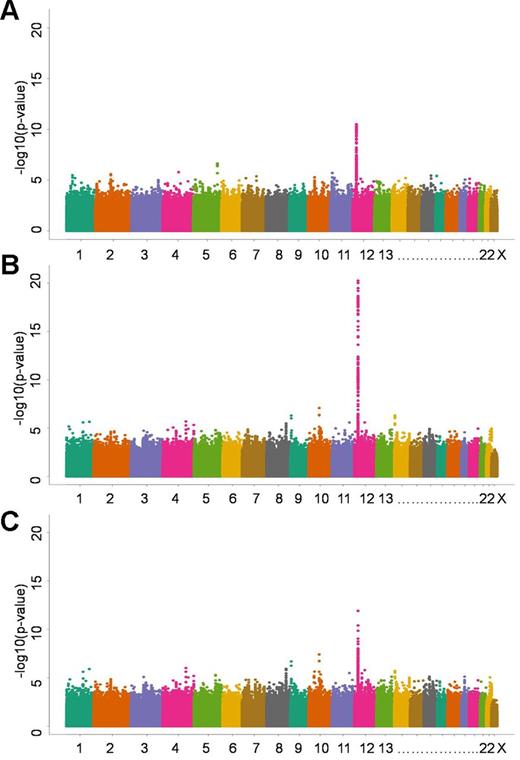 Figure 4. Manhattan plot of P values for a genome-wide association with methotrexate clearance. Each chromosome is plotted along the x-axis, whereas the y-axis plots the negative log10 of the P value for the association of each SNP with methotrexate clearance. Higher points on the graph indicate a stronger association with methotrexate clearance. Typed and imputed SNPs are shown in all panels (5.2 million SNPs). Methotrexate clearance is adjusted for age, sex, race, and treatment arm. (A) Association of each SNP with methotrexate clearance in COG patients (n = 1279). (B) Meta-analysis of St Jude (n = 699) and COG patients (n = 1279). (C) Meta-analysis of St Jude and COG patients, after we adjusted for rs4149056.