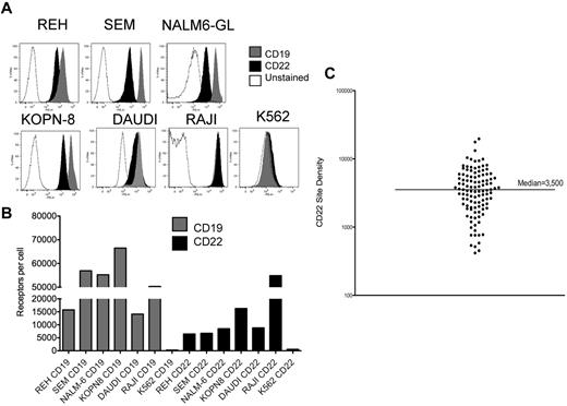Figure 1. Expression of CD22 and CD19 B-cell precursor ALL cell lines. (A) Surface expression of CD19 and CD22 on the ALL lines REH, SEM, NALM6-GL, KOPN8, Daudi, Raji, and on K562, as determined by directly labeled flow cytometry antibodies. (B) Quantified surface antigen expression, y-axis, for each line as listed on the x-axis. (C) CD22 site density on 110 individual patient samples of BCP-ALL, with median indicated.