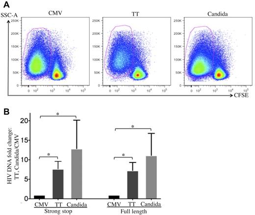 Figure 3. Quantification of cell-associated HIV DNA in pathogen-specific CD4 T cells after in vitro HIV infection. (A) Pathogen-specific CD4 T cells were sorted from PBMCs with a FACSAria cell sorter based on CFSElow. (B) Quantification of cell-associated strong-stop and full-length HIV DNA in sorted pathogen-specific CD4 T cells. The results are expressed as the fold increase in HIV DNA copies for TT- and C albicans–specific CD4 T cells relative to CMV-specific CD4 T cells (mean and SD). Three independent experiments for each donor with a total of 3 donors were performed. Statistical analysis was performed using the Mann-Whitney test. *P < .05.