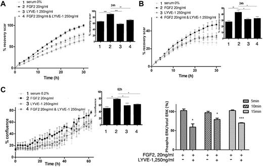 Figure 3. Biologic function of the FGF2/LYVE-1 interaction in the endothelial cells. FGF2 stimulated migration (A), invasion (B), and proliferation (C) of LECs in the presence of soluble LYVE-1 (250 ng/mL) and/or FGF2 (20 ng/mL). Cells were incubated at 37°C 5% CO2 in the IncuCyte live-cell imaging system as described in “Methods.” The time course of cell migration or invasion was quantified by dynamic imaging (pictures at 2-hour time intervals) as percentage of scar recovery (cells migrated/invaded into the wound). The proliferation was quantified by dynamic imaging using percentage of confluence at 2 hour time intervals. In the insets, diagrams of 1 time point are represented. Experiment was performed 3 times and 1 representative experiment is shown (n = 4 for proliferation; n = 6 for migration and invasion; *P < .05,** < .01,***P < .001; NS, nonsignificant versus control cells stimulated by FGF2 in the absence of LYVE-1). (D) Effect of soluble LYVE-1 on ERK phosphorylation using AlphaScreen SureFire phosphorylation assay. LECs were stimulated with 20 ng/mL FGF2 in the presence or absence of 250 ng/mL LYVE-1 for 5, 10, and 15 minutes. Phosphorylated ERK1/2 in cell lysates was quantified in an AlphaScreen SureFire p-ERK1/2 (Thr202/Tyr204) Assay (PerkinElmer) according to the manufacturer's instructions. Results are representative experiments from 3 independent experiments. Results are mean values ± SD (n = 3).