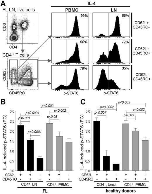 Figure 3. CD4+CD62L−CD45RO+ FL TILs, but not the corresponding autologous PBMC T cells, have reduced cytokine signaling capacity. IL-4–induced phosphorylation of p-STAT6 was analyzed in malignant LN and in autologous PBMC samples from patients with FL by combining CD3-, CD5-, CD4-, CD8-, CD62L-, and CD45RO-specific Abs with p-STAT6 Ab in the phospho-flow cytometric assay. (A) Gating strategy of live cells to identify CD3+CD4+ T cells and then subsequent gating on the basis of expression of CD62L and CD45RO to identify CD62L+CD45RO−, CD62L+CD45RO+, CD62L−CD45RO+ cells, and the corresponding histograms of IL-4–induced p-STAT6 in the various CD4+ T-cell subsets. (A) Representative FACS data from 1 patient with FL are shown and (B) mean FC of IL-4–induced p-STAT6+ cells in CD4+ T subsets from FL LN and autologous PBMCs. Mean ± SEM, n = 5. (C) Mean FC of IL-4–induced p-STAT6 relative to unstimulated cells in CD4+ T subsets from tonsil and autologous blood samples from healthy tonsil donors. Mean ± SEM, n = 3. Significance between groups was determined by unpaired 2-tailed Student t test.