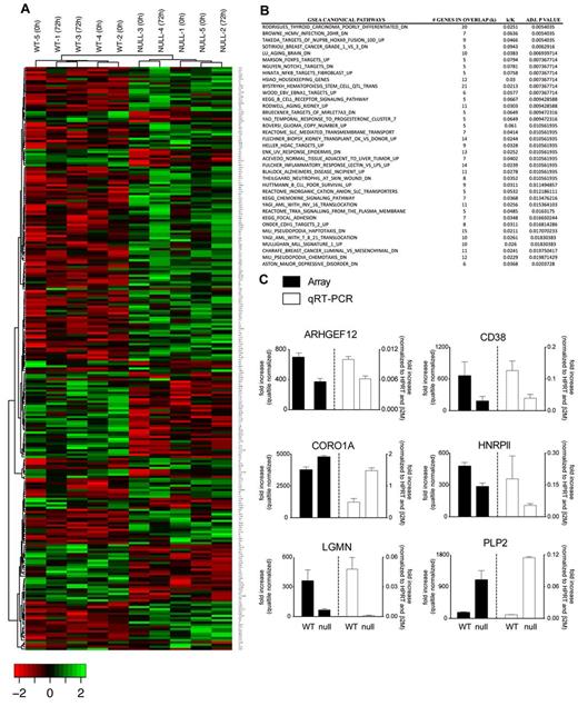 Figure 2. Gene-expression analysis of FOXP3 WT and null Tconv clones. Total RNA from T-cell clones was hybridized to a GeneChip Human Gene 1.0 ST array. (A) Hierarchical clustering revealed differential expression of 274 RefSeq annotated genes with a P < .05 (Benjamini correction). (B) Differentially expressed genes were subject to GSEA after cross-validation using randomization from background genes. (C) Differential expression of 6 genes was confirmed by quantitative RT-PCR. Mean values ± SEM determined in triplicate are shown.
