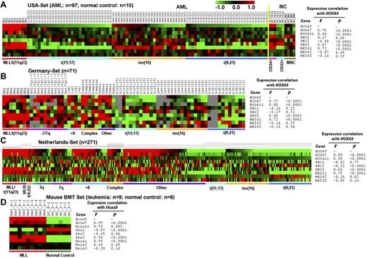 Figure 1. Expression patterns of HOXA7, HOXA9, HOXA11, PBX1, PBX2, PBX3, MEIS1, MEIS2, and MEIS3, and the expression correlations between HOXA9 and other genes. (A) The USA set23,28 (including 9 MLL-rearranged, 31 t(15;17), 27 inv(16), 30 t(8;21) AML cases and 10 normal control samples); (B) the Germany set29 (including 8 MLL-rearranged, 11 (−7)/7q, 4 (+8), 5 complex, 12 t(15;17), 15 inv(16), 11 t(8;21) AML, and 5 other CA-AML cases); (C) The Netherlands set30 (including 16 MLL-rearranged, 5 t(6;9); 4 t(9;22), 18 (−3q), 18 (−7q), 31 (+8), 14 complex, 19 t(15;17), 38 inv(16), 37 t(8;21) AML, and 71 other CA-AML cases); and (D) the mouse bone marrow transplantation (BMT) set28 (including 9 MLL-AF9 mouse leukemic BM cell samples and 6 normal control BM cell samples collected from primary or secondary BMT recipient mice), respectively. Pearson correlation was applied to analyze the correlation. Expression data were mean centered and the relative value for each sample is represented by a color, with red representing a high expression and green representing a low expression (scale shown in the top right).