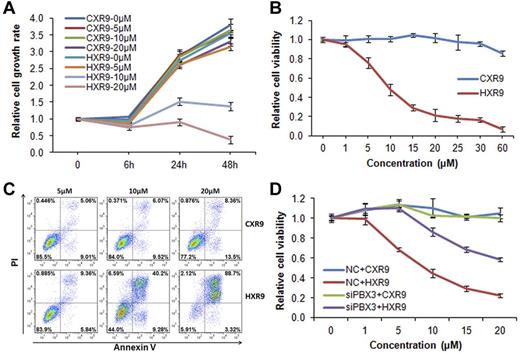 Figure 5. HXR9 selectively inhibits proliferation and promotes apoptosis of MONOMAC-6 cells. (A) Cell proliferation assay after the treatment with CXR9 or HXR9 at the concentration of 0, 5, 10, and 20μM, respectively, for 6, 24, or 48 hours (h). Cells were counted at indicated time points and the cell number was normalized with that before peptide treatment. Mean ± SD values from 2 independent experiments are shown. (B) Cell viability assay after the treatment with CXR9 or HXR9 at the concentration of 0, 1, 5, 10, 20, 25, 30, and 60μM, respectively, for 24 hours. Cell viability was measured with MTS assay. Mean ± SD values from 3 independent experiments are shown. (C) Cell apoptosis assay after the treatment with CXR9 or HXR9 at the concentration of 5, 10, and 20μM, respectively, for 24 hours. Apoptosis was measured by flow cytometry analysis of MONOMAC-6 cells stained with FITC-labeled annexin V and counterstained with PI. Percentage of cells is shown in the corner of each quadrant. Results are representatives of 3 independent experiments. (D) Cells were transfected with PBX3 siRNA oligos (ie, siPBX3) or scrambled oligos (ie, NC) and then treated with CXR9 or HXR9 at the concentration of 0, 1, 5, 10, 15, and 20μM, respectively. Cell viability was measured with MTS assay 24 hours after treatment. Mean ± SD values from 2 independent experiments are shown.