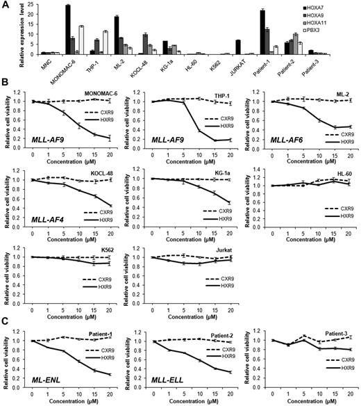 Figure 6. The inhibitory effect of HXR9 on cell viability is associated with the endogenous expression of the HOXA/PBX3 genes in corresponding leukemic cells. (A) qPCR analysis of HOXA7, HOXA9, HOXA11, and PBX3 expression in 8 leukemic cell lines and 3 primary AML patient leukemic BM cells. Expression level of each gene in each leukemia sample was normalized to that in human normal BM mononuclear cells (MNC). (B-C) Cell viability assay after the treatment with CXR9 and HXR9 on the 8 leukemic cell lines (B) and 3 primary AML samples (C) at the concentration of 1μM, 5μM, 10μM, 15μM, and 20μM for 24 hours. Cell viability was measured with MTS assay. Mean values and SD from 3 independent experiments are shown.