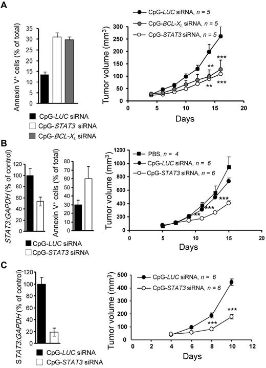 Figure 6. Therapeutic antitumor effects of CpG(A)-siRNAs targeting STAT3 or BCL-XL in xenotransplanted MM and AML models. (A) IT delivery of CpG(A)-siRNAs targeting STAT3 or BCL-XL inhibits SC growth of MV4-11 leukemia and results in augmented tumor cell death. NSG mice were challenged using 5 × 106 MV4-11 cells injected SC after tumors were established (at the average diameter of 8 mm). Mice were injected IT daily using 100 μg of CpG-siRNAs as indicated. Tumor growth was measured using calipers (right). At day 16, tumors were harvested and the percentage of apoptotic annexin V+ tumor cells was assessed by flow cytometry (left). Statistically significant differences between CpG(A)-STAT3 or BCL-XL siRNAs and CpG(A)-Luc RNA-treated groups (from 2-way ANOVA) are indicated by asterisks. Data are shown as means ± SEM (n = 5). (B-C) Local treatment using CpG(A)-STAT3 siRNA as in panel A, leads to STAT3 gene silencing (B and C left graphs as shown by qPCR), tumor cell death (B middle as shown by flow cytometric analysis of annexin V+ tumor cells), and reduced growth rate of human KMS-11 myeloma (B) and MonoMac6 leukemia (C) in NSG mice. Shown are representative results from 2 independent experiments (A-B) or from a single experiment (C) using 6 mice per treatment group.