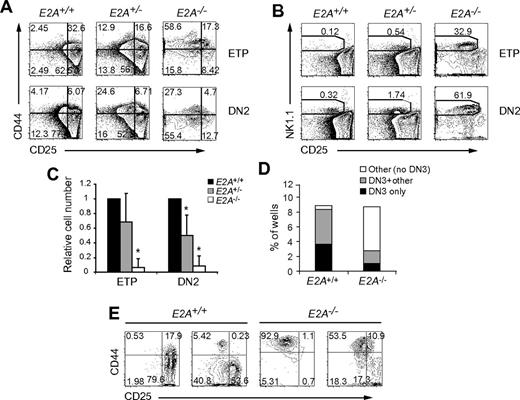 Figure 1. A dose-dependent requirement for E2A in the generation of DN3 cells from ETPs and DN2 cells. FACS-purified ETPs (250 cells/well) and DN2 cells (500 cells/well) from adult E2A+/+, E2A+/−, and E2A−/− thymuses were cultured on OP9-DL1 for 10 days, and CD11b−CD8− cells were analyzed for expression of (A) CD44 and CD25 or (B) NK1.1 and CD25. (C) Relative number of DN3 cells generated from E2A+/+, E2A+/−, or E2A−/− ETPs and DN2s on day 10 of culture. Data represent the average of 5 independent experiments; *P < .001. (D) Single DN2 cells from E2A+/+ and E2A−/− mice were sorted into individual wells of a 96-well plate that contained OP9-DL1 and cultured for 10 days. Individual colonies were analyzed for expression of CD44 and CD25 on CD11b−CD8− cells. Percentage of colonies that generated only DN3 cells (black) or a mixture of DN3 cells and other cell types (gray) or no DN3 cells (white) is shown. Numbers are combined from 3 independent experiments with 3 plates per sample. (E) Representative FACS plots of colonies generated from single E2A+/+ and E2A−/− DN2 cells.