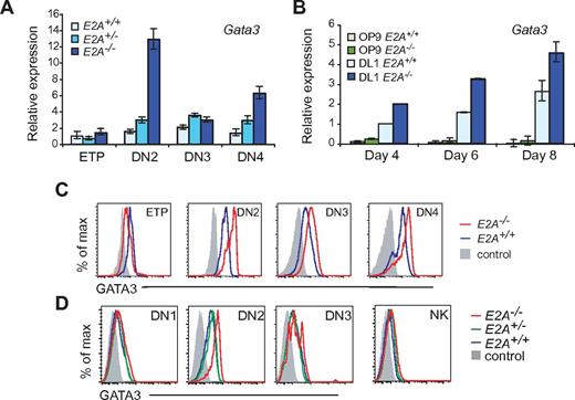 Figure 3. Elevated expression of Gata3 in E2A−/− DN2 cells in vivo and in vitro. (A) qPCR analysis shows Gata3 mRNA in ETPs, DN2, DN3, and DN4 cells from E2A+/+ (light blue), E2A+/− (medium blue), and E2A−/− (dark blue) mice. One of 4 representative experiments is shown with the SE from triplicate reactions. (B) qPCR analysis for Gata3 mRNA in E2A+/+ (light shade) or E2A−/− (dark shade) FL MPPs cultured on OP9 (green) or OP9-DL1 (blue) with Flt3L and IL-7 for 4, 6, or 8 days. One of 2 experiments is shown with error bars from triplicate measurements. (C) FACS analysis shows expression of GATA3 in ETPs and DN2, DN3, and DN4 cells from E2A+/+ (blue) and E2A−/− (red) mice or (D) DN1, DN2, DN3, or NK1.1+ cells from in E2A+/+ (blue), E2A+/− (green), and E2A−/− (red) in FL MPPs after 10 days of culture. Negative control staining is shown in gray. One of at least 3 experiments is shown.