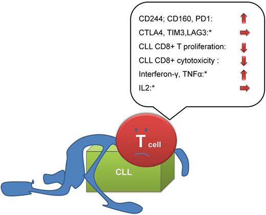 “Exhaustion” or “pseudoexhaustion” in CLL. Key findings of Riches et al are summarized. While a number of traits (high expression of CD244, CD160, PD-1; impaired proliferation/cytotoxicity) argue for the existence of exhaustion in CLL, not all characteristics of exhausted T cells (eg, cytokine production) are shared in CLL (*).
