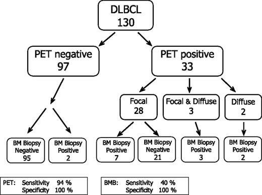 Figure 1. Case distribution of bone marrow status assessed by PET-CT and BM biopsy. BM, bone marrow; BMB, bone marrow biopsy.