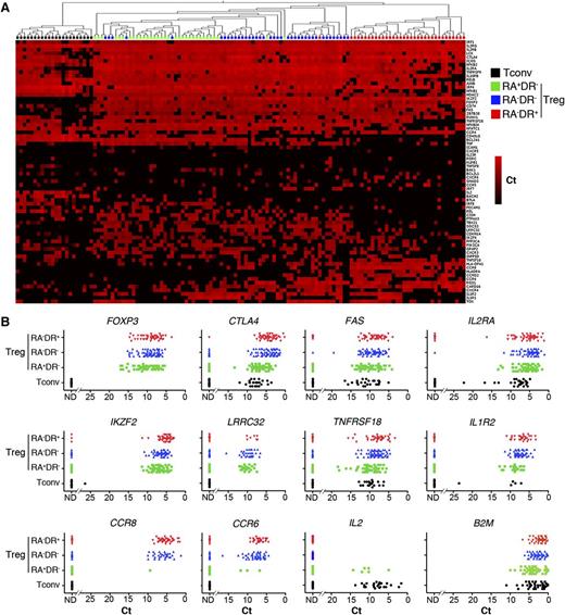 Figure 2. Single-cell gene expression profiling reveals heterogeneity within Treg subpopulations. The 3 Treg subpopulations were sorted from adult peripheral blood of healthy donors. Each population was stimulated with CD3/CD28 coated beads for 24 hours then sorted as single cells into 96-well plates. Expression of the indicated mRNA transcript was assessed by single-cell quantitative RT-PCR using microfluidic arrays (Fluidigm). (A) The heat map representation of single-cell gene expression profiling was obtained by 2-dimensional hierarchical clustering analysis using Euclidean distance and average linkage using Qlucore Omics Explorer software. Each row corresponds to the expression level (Ct value) of a single gene and each column represents a single cell (black squares: naive conventional CD4+ T cells; green squares: RA+DR− Tregs; blue squares: RA−DR− Tregs; and red squares: RA−DR+ Tregs). (B) Dot plots were obtained by analyzing Ct values in GraphPad Prism software. Expression of transcripts for Treg markers FOXP3, CTLA4, FAS, IL2RA (CD25), IKZF2 (Helios), LRRC32 (GARP), TNFRSF18 (GITR), IL1R2, and chemokine receptors CCR8, CCR6, CCR4 were plotted for single RA−DR+ Tregs (red triangles), single RA−DR− Tregs (blue triangles), single RA+DR− Tregs (green squares), and CD4+CD25−CD45RA+ Tconvs (black dots). The expression of the housekeeping gene B2M was also analyzed in each T-cell subpopulation. One representative experiment of 3 from independent donors is shown.