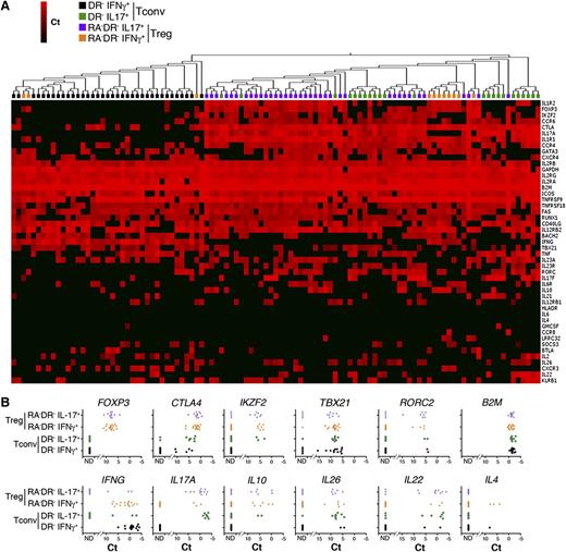 Figure 4. Single-cell analysis of cytokine-producing Tregs. (A) IL-17A– and IFN-γ–producing Tregs and Tconvs were isolated using a cytokine capture assay on sorted populations of CD4+CD25highHLADR−CD45RA− (RA−DR− Tregs) Tregs and CD4+CD25−CD45RA−HLADR− Tconvs (RA−DR− Tconv). Single IFN-γ– and IL-17A–producing cells were sorted into 96 cells plates and single-cell gene expression profiling was performed using 48.48 Dynamic Arrays (18 cycles preamplification). The heat map represents 2-dimensional hierarchical clustering using Euclidean distance and average linkage. (B) mRNA expression of Treg markers (FOXP3, CTLA4, Helios), Th1 and Th17 transcription factors (TBX21, RORC2), and cytokines (IFN-γ, IL17A, IL10, IL26, IL22, IL4) in single RA−DR− Tregs and RA−DR− Tconvs. A representative experiment performed with 4 independent donors is shown.