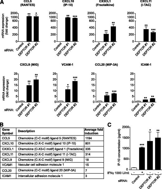 Figure 4. DEPTOR regulates the expression of proinflammatory chemokines and adhesion molecules in ECs. mRNA array analysis (supplemental Table 2) identified 27 genes that were induced in expression in DEPTOR siRNA-transfected EC vs controls. Of these, 8 represented established EC activation response genes, members of the chemokine and adhesion molecule families. (A) qPCR was performed on control or 2 DEPTOR siRNA-transfected ECs after 48 hours to validate the function of DEPTOR on the expression of the 8 genes, CXCL9 (MIG), CXCL10 (IP-10), CXCL11 (I-TAC), CX3CL1 (Fractalkine), CCL5 (RANTES), and CCL20 (MIP-3A), and the adhesion molecules VCAM-1 and intercellular adhesion molecule-1. Graphs represent the mean fold change in mRNA expression (±SEM) in 3 independent experiments. (B) Average fold induction (high to low) in mRNA expression of each gene, as indicated, in DEPTOR siRNA-transfected EC vs controls. (C) HUVECs were transfected with control or 2 DEPTOR siRNAs, and the concentration of IP-10 protein was evaluated by ELISA in culture supernatants after 96 hours. Control siRNA-transfected HUVECs treated with interferon γ (1000 U/mL) for 24 hours were used as positive control. The bar graphs illustrate the mean IP-10 concentration (±SEM) from 3 experiments (*P < .05, **P < .01, ***P < .001).