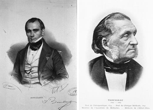 Jean-Baptiste Bouillaud (1796-1881) and Armand Trousseau (1801-1867). Professor Bouillaud first reported an association between cancer and thrombosis in a manuscript published in the Archives of General Medicine in 1823. However, it is Professor Trousseau’s report in 1865 that is more widely quoted as the first documentation of this phenomenon. Professor Trousseau was certain of the importance of this association, stating that “So great, in my opinion, is the value of phlegmasia in the cancerous cachexia, that I regard this phlegmasia as a sign of the cancerous diathesis as certain as sanguinolent effusion into the serous cavities.” At the age of 66, he recognized the development of phlebitis in his left upper arm, was soon thereafter diagnosed with pancreatic cancer, and died months later. Portraits courtesy of the National Library of Medicine.