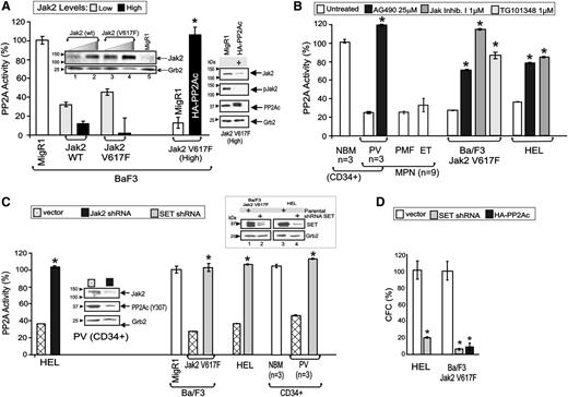 Figure 1. Jak2V617F suppresses PP2A activity in a SET-dependent manner. (A) Graph shows PP2A activity in Ba/F3 cells transduced with the MigR1 vector (open bars), Ba/F3 cells expressing low (light gray bars) and high (solid bars) levels of WT and V617F Jak2 kinase, and in HA-PP2A–expressing Ba/F3-Jak2V617F cells. Inset shows Jak2 levels in Ba/F3 cells transduced with WT or V617F Jak2, and sorted for high and low GFP expression. Western blots (right) show Jak2 expression and activity and PP2Ac expression in vector- and HA-PP2A–transduced Ba/F3-Jak2V617F cells. (B) PP2A activity in untreated and Jak inhibitor (25 µM AG490; 1 µM Jak inhibitor I; 1 µM TG101348)–treated primary CD34+ NBM, PV, PMF, and ET patient samples, Ba/F3-Jak2V617F and HEL cells. (C) PP2A activity in Jak2 shRNA-expressing HEL cells and SET shRNA-expressing Ba/F3-Jak2V617F, HEL and primary CD34+ PV cells. Inset shows levels of inactive PP2Ac (pY307) in Jak2 shRNA-expressing PV CD34+ progenitors. SET downmodulation in SET shRNA-expressing Ba/F3-Jak2V617F and HEL cells (top right). (D) Percentage of CFC in HEL and Ba/F3-Jak2V617F cells transduced with empty vector (open bars) or with the SET shRNA (light gray bars), and in HA-PP2Ac–transduced Ba/F3-Jak2V617F cells (solid bars). *P ≤ .01.