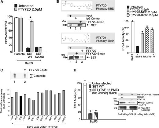 Figure 6. FTY720-dependent PP2A activation in myeloid cells depends on the SET K209–FTY720 interaction but not on SET dimerization or increased ceramide levels. (A) PP2A activity in untreated and FTY720-treated Ba/F3 cells expressing WT or K209D SET proteins. (B) Pull-down assays demonstrate FTY720-SET interaction in NBD immunoprecipitates of Ba/F3-Jak2V617F cell lysates treated with NBD-conjugated FTY720 (top left) and in avidin-mediated affinity chromatography with lysates of Ba/F3-Jak2V617F cells treated with biotin-tagged FTY720 (bottom left). PP2A activity in Ba/F3-Jak2V617F cells treated with FTY720 (2.5 µM), FTY720-NBD (2.5 µM), and FTY720-biotin (2.5 µM) (right). (C) Diacylglycerol kinase assay shows gross ceramide levels in untreated and FTY720-treated Ba/F3-Jak2V617F cells (top). LC-MS/MS measurement of levels of specific ceramides in FTY720-treated Ba/F3-Jak2V617F cells expressed as percentage of those in untreated cells (bottom). The ceramide C18 able to induce PP2A activation is depicted as a solid bar. (D) PP2A activity in parental and WT or nondimerizing (TAF-1β PME mutant) SET-expressing Ba/F3 cells (left). Western blot show levels of GFP-SET in FLAG immunoprecipitates from lysates of Ba/F3-FLAG-SET coincubated with equal amount of Ba/F3-GFP-SET cell lysates in the presence of DMSO or FTY720 (right). DMSO, dimethylsulfoxide.