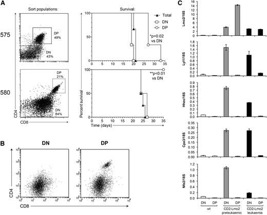 Figure 6. The Lmo2-associated gene expression program is restricted to CSCs. (A) Tumor samples derived from Lmo2-transgenic mice were fractionated into the indicated populations, and 3 × 105 cells of each population were injected into irradiated congenic (Ly5.1) recipients. The survival curves of mice receiving the indicated tumor cell populations are shown on the right. (B) FACS profile of secondary tumors from mice receiving the indicated primary tumor populations from mouse 575. (C) DN and DP cells were sorted from 2-month-old wild-type (wt) or Lmo2-transgenic mice, or from Lmo2-transgenic tumor 575 (as in A), and the expression levels of the indicated genes were determined by real-time PCR.