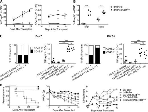 Figure 5. Inhibition of RAR signaling in donor T cells increases Tregs in vivo. Lethally irradiated BALB/c recipients were transplanted with B6 107 BM cells and 1.5 × 106 dnRARα (open circles) or dnRARα-CD4Cre (filled circles) purified T cells. (A) The frequency of CD4+Foxp3+ cells and the absolute number of CD4+Foxp3+ cells in spleen are shown. (B) Liver cells and colon lamina propria lymphocytes were isolated on day 14 and analyzed using fluorescence-activated cell sorter. The frequency of CD4+Foxp3+ cells is shown. (C) Lethally irradiated BALB/c recipients were transplanted with CD45.2+ TCD B6 107 BM cells and 1 × 106 CD45.1+ B6 T cells along with 1 × 106 CD45.2+ T cells from either dnRARα (CD45.1 with dnRARα) or dnRARαCD4Cre (CD45.1 with dnRARα-CD4Cre) mice or were transplanted with CD45.2+TCD-B6 107 BM cells and 2 × 106 dnRARα-CD4Cre T cells alone. The percentages of chimerism of CD4+ cells and frequency of CD4+Foxp3+ cells gated on CD45.2+ (dnRARα or dnRARαCD4Cre) or CD45.1+ cells in spleens on day 14 after BMT are shown. (D) Lethally irradiated BALB/c recipients were injected with 107 BM cells and 5 × 106 CD25-depleted splenocytes or CD25-replete splenocytes from either dnRARα or dnRARα-CD4Cre donors and monitored for survival. (A-D) Data were obtained from 1 experiment each with 4 (A-B), 4 to 5 (C), or 8 (D) mice per group. *P < .05; **P < .01; and ***P < .001.