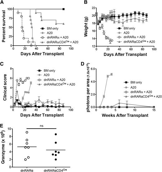 Figure 6. Blockade of RAR signaling in donor T cells does not abort the GVL effect. Lethally irradiated BALB/c recipients were transplanted with 107 T-cell–depleted BM cells with or without 3 × 105 A20-lymphoma cells on day 0. Subgroups were transplanted with 5 × 106 splenocytes from dnRARα (open circles) and dnRARα-CD4Cre (filled triangles) mice also on day 0. (A-C) Survival, weight, and clinical GVHD scores of lethally irradiated BALB/c recipients transplanted with BM cells only (filled squares), BM cells + A20 (filled circles), or with A20 + 5 × 106 splenocytes from dnRARα (open circles) or dnRARα-CD4Cre (filled triangles) donor mice. (D) Tumor growth was monitored by luciferase imaging at 1, 2, 3, 4, 6, 8, and 15 weeks after BMT. (E) The frequency of CD8+ cells expressing granzyme B was analyzed in spleen on day 14. Data were obtained from 1 experiment each with 5 to 10 (A-D) or 7 to 8 (E) mice per group. (A) BM cells + A20 vs dnRARα-CD4Cre + A20; P < .001. dnRARα+ A20 vs dnRARα-CD4Cre + A20; P < .001. (B-C) dnRARα+ A20 vs dnRARα-CD4Cre + A20 on day 6 to day 27; P < .001. (D) BM cells + A20 vs dnRARα-CD4Cre + A20 at 1, 2, 3, and 4 weeks; P < .001. dnRARα+ A20 vs dnRARα-CD4Cre + A20; P = not significant (ns).